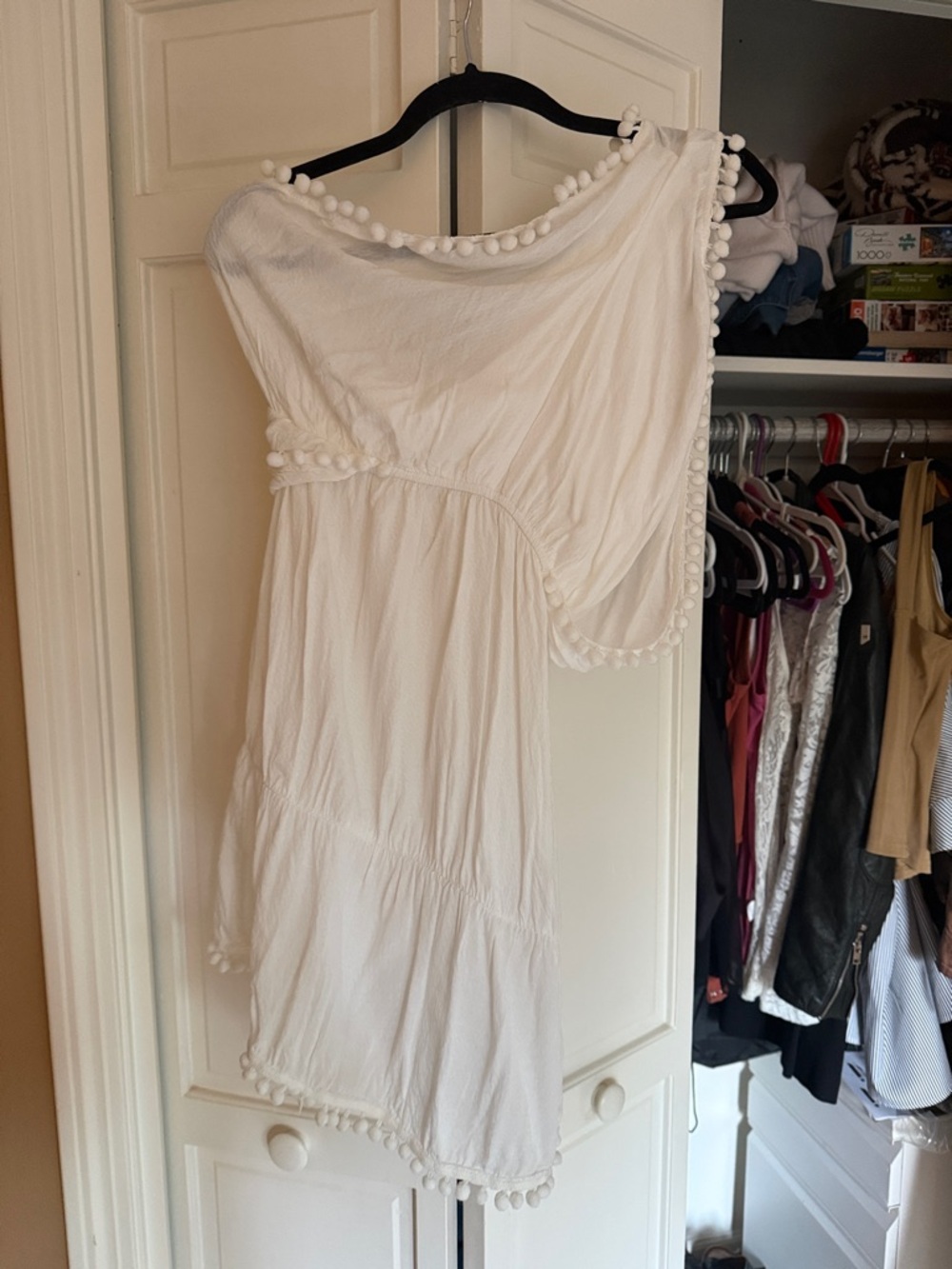 One-Shoulder White Pom-Pom Dress